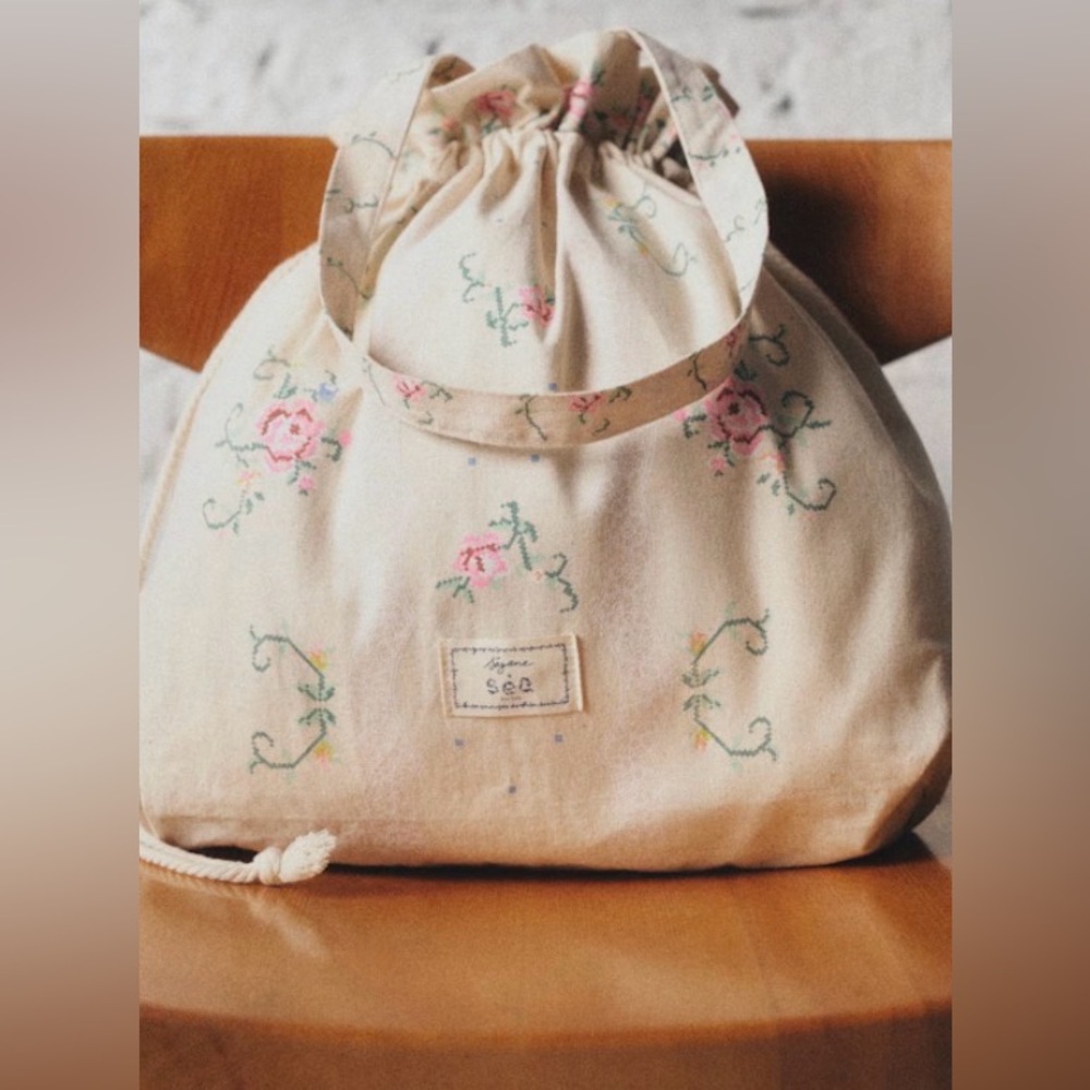 Sezane Cream Floral Tote Bag